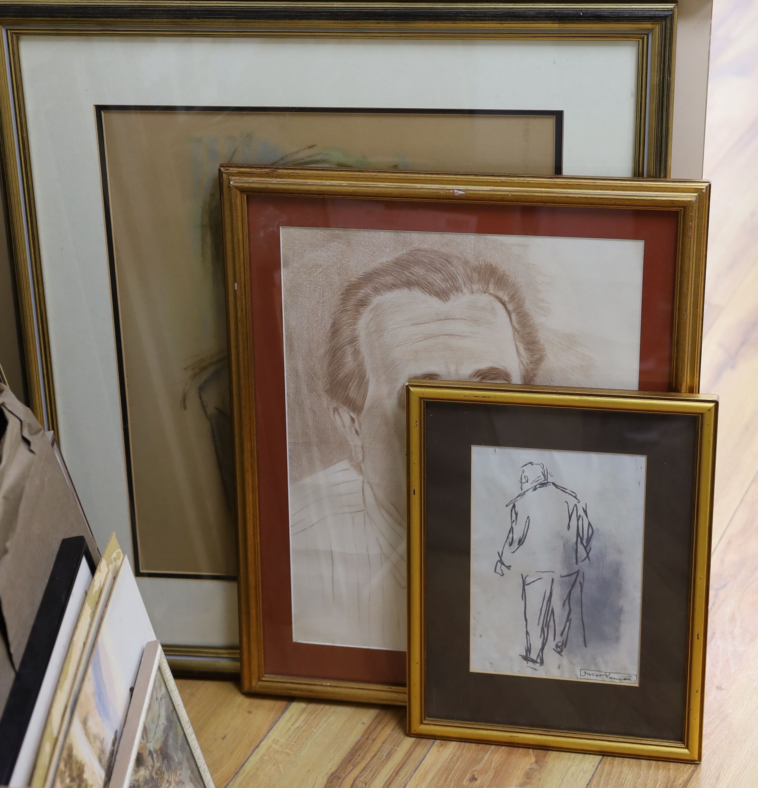 M. Guy, brown conte drawing, Portrait of Robert Maxwell, signed by the sitter, 45 x 34cm, together with a pastel portrait, signed Iacurto, and a colour print